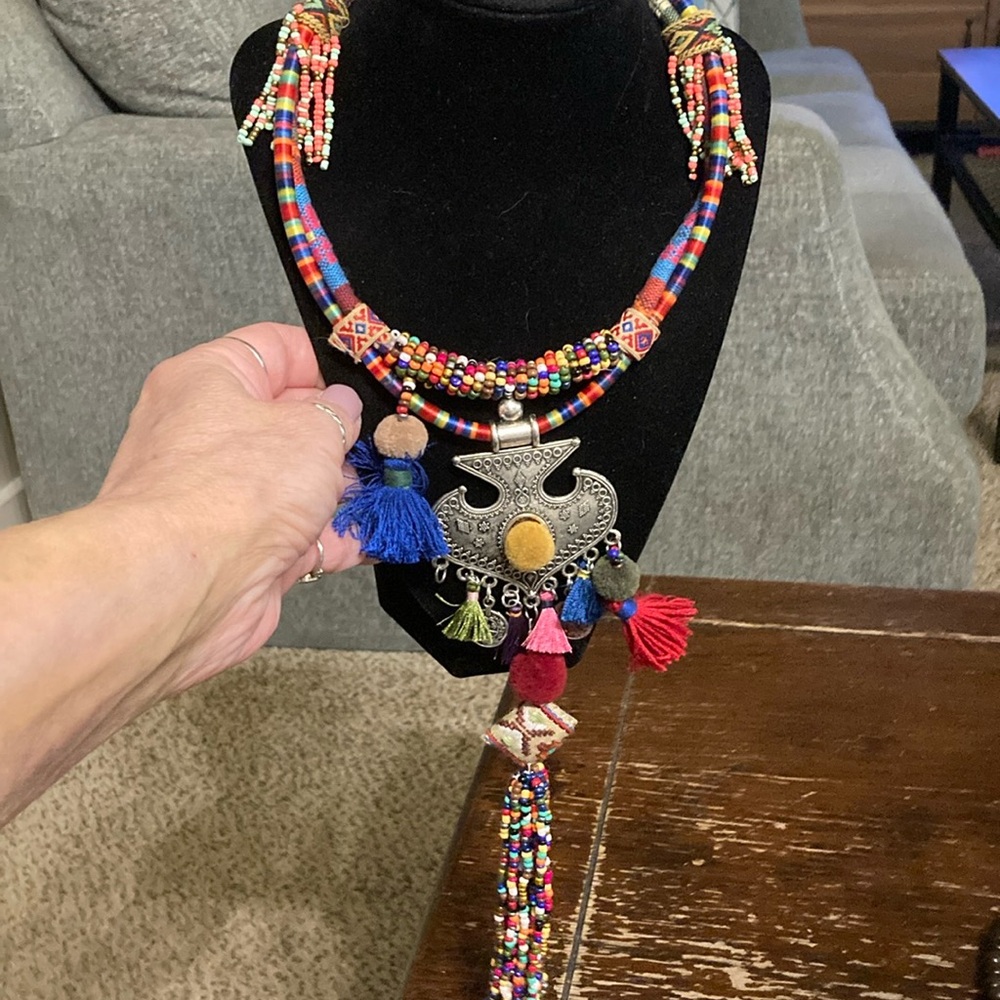 Egyptian tribal tassels beads thread boho chic necklace with 2nd medallion one